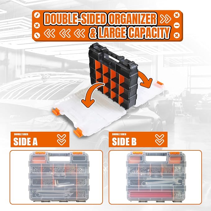 Jack Boss Tool Box with Transparent Lid, Double Side 34-Compartments Organizer Box with Removable Dividers for Hardware, Screws, Bolts, Nails, Beads, Jewelry and Fishing Accessories, Orange, 2 Pack - Image 6