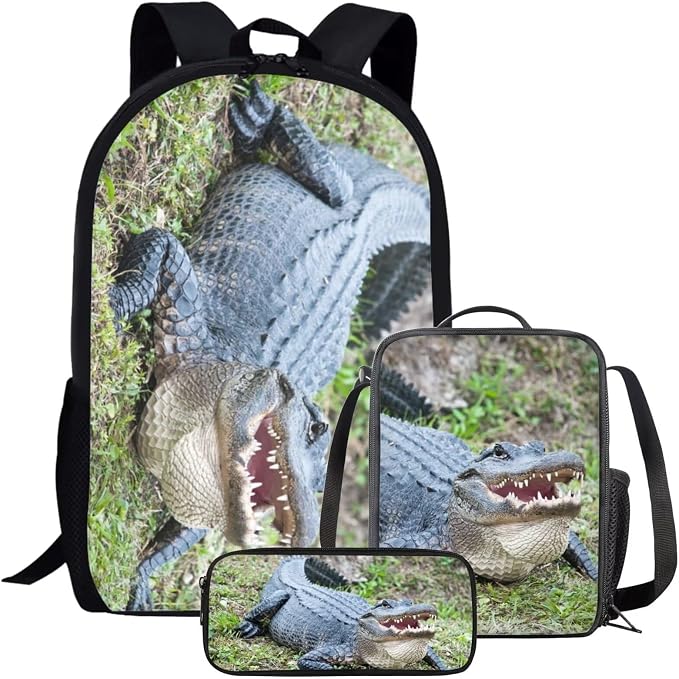 Girls Boys School Backpack with Lunch Box Pencil Case Comfy Padded Lightweight American Alligator Backpack Set Kids Cute Bookbag Insulated Lunch Bag Student Large Capacity Daypack 17 Inch by Parprinty