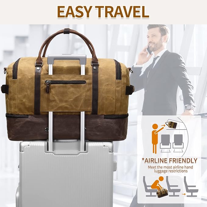 Nerlion Weekender Bag with Shoe Compartment Large Overnight Bag for Men Canvas Genuine Leather Carry on Luggage Bag Travel Duffel Bag(Brown) - Image 3