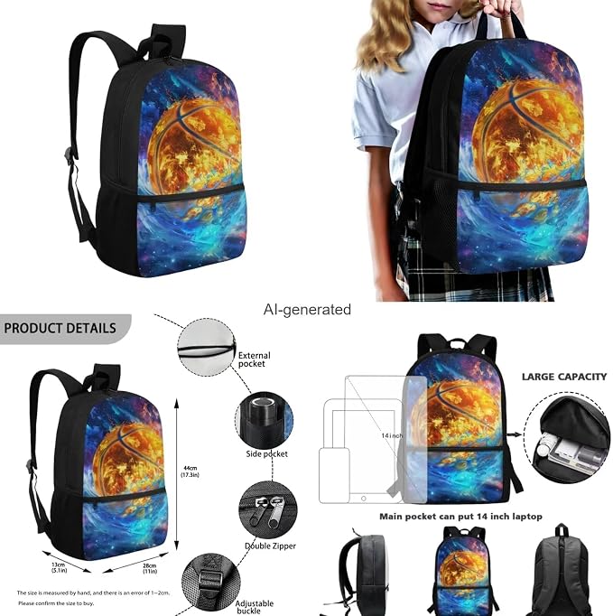 Galaxy Basketball Backpack for Boys Kids Backpack with Lunch Box Water Bottle Carrier with Strap and Pencil Case 4PCS Set Bookbag with Front Pocket for School Teens Sturdy School Bag for Girls - Image 3