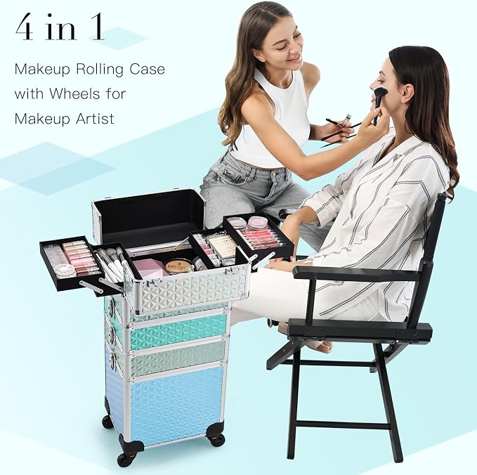 Professional Rolling Makeup Train Case 4 in 1 Aluminum Trolley Case with 360° Rotation Wheels for Makuep Artist Cosmetic Suitcase Organizer with Lock and Key Diamond Pattern - Turquoise - Image 2