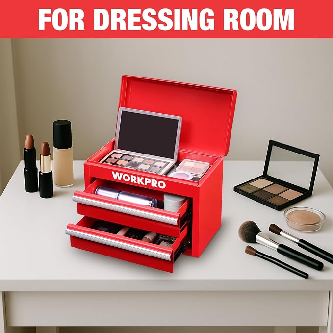 WORKPRO Metal Mini Tool Box with 2 Drawers and Top Storage | Cold Rolled Steel Toolbox, Ball Bearing Slides, PVC Drawer Liners, PP Feet Pads, Durable Storage - Image 7