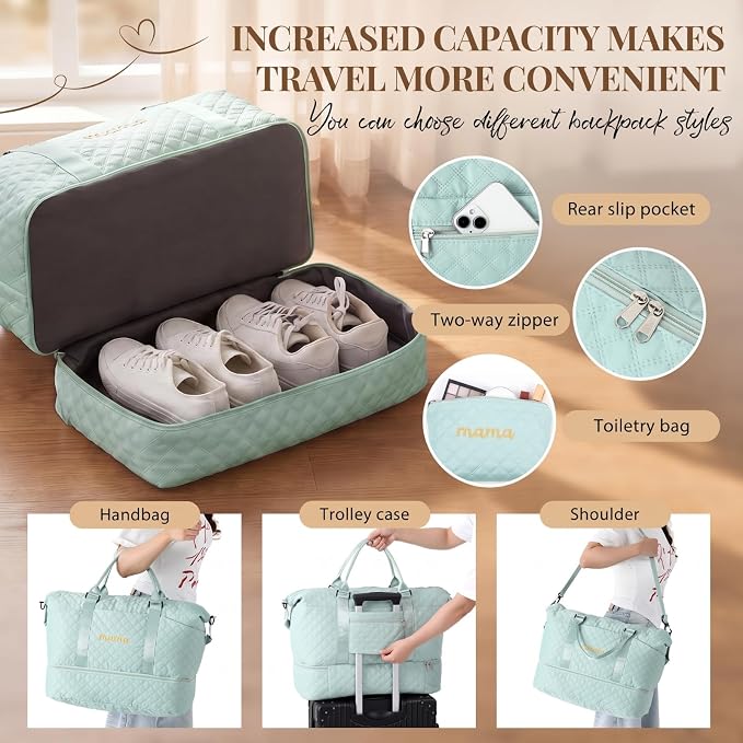 Dansydaisy Mama Hospital Bag for Women Labor Delivery Travel Duffle Bag with Shoe Compartment and Toiletry Pouch Waterproof Letter Embroidered for Pregnancy Weekender Overnight Gym Gift, Green - Image 4