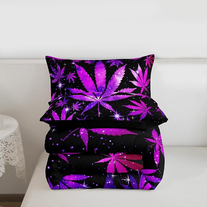 Erosebridal Purple Black Comforter Set Queen Size Hippie Leaf Bedding Sets for Adults Women Men,Leaves Galaxy Comforter Botanical Bed Quilt Set 2 Pillow Cases - Image 7