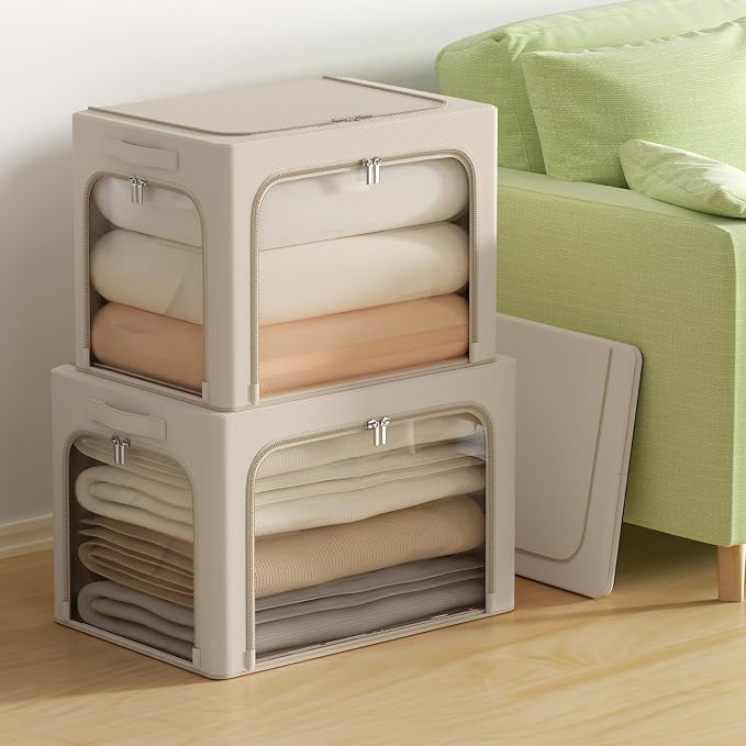 3Pack Clothes Storage Bins - Oxford Frame Storage Box Foldable Stackable Storage Organizer with 3 Openings Design, Metal Frame, Clear Window, Carry Handles (Beige, 100L-23.6 * 16.5 * 15.7in) - Image 6