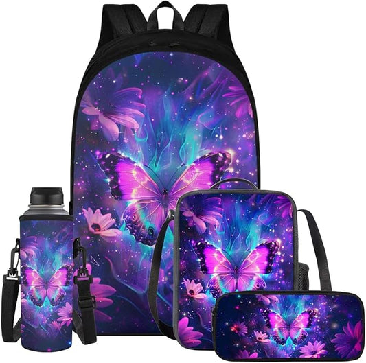 Galaxy Butterfly Backpack for Girls Kids Backpack with Lunch Box Water Bottle Pouch and Soft Pencil Case 4PCS Set Bookbag with Compartments for School Teens 17 inch School Bag with Side Pocket by ELEDIZI