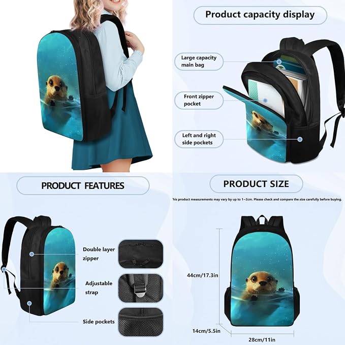 Coloranimal Cute Otter 3Pcs Backpack Set School Bag for Children Boys Girls Lightweight Book Bag+Insulated Lunch Bag+Pencil Case Hiking Camping Travel Bag - Image 2
