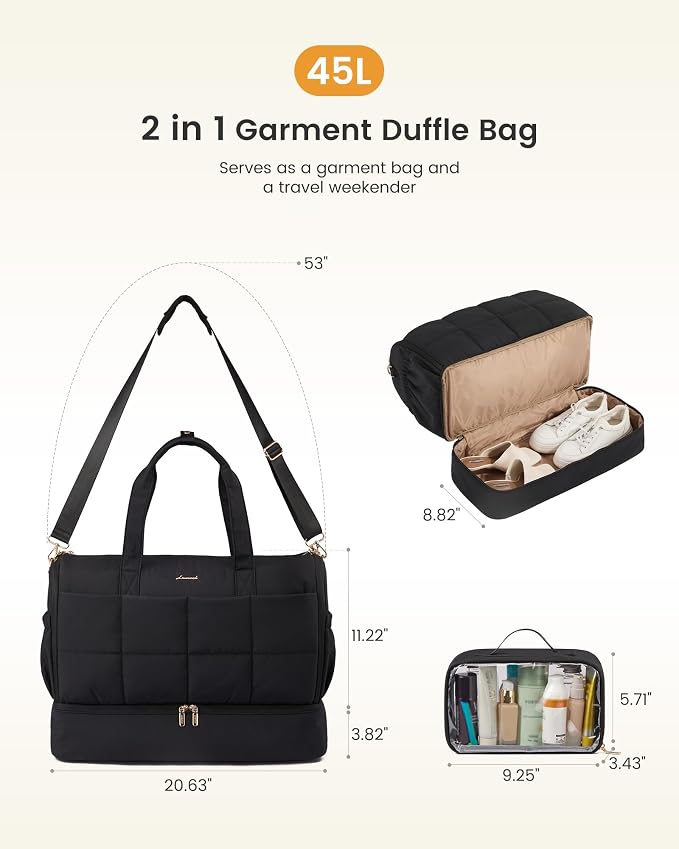 LOVEVOOK Garment Bags for Travel,Convertible Garment Bag for Women with Shoe Pouch,Carry on Duffel Bag with Toiletry Bag, 2 in 1 Hanging Suitcase Suit Bag,Waterproof Weekender Bags for Business Trip - Image 3
