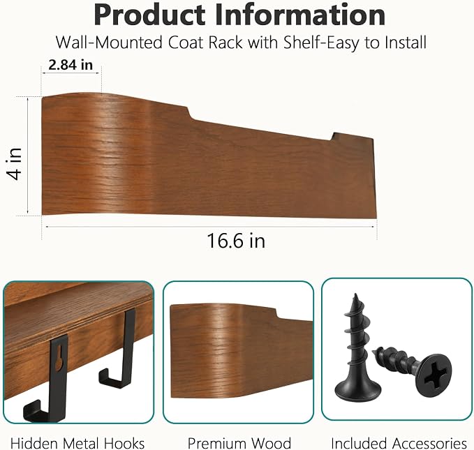 Coat Rack Wall Mount with Hidden Hooks Modern Key Holder Wood Entryway Hook with Shelf for Bedroom Kitchen Hallway Bathroom Designed for Hanging Coats Hats Bags Towel Dog Leashe(Walnut,4 Hooks) - Image 3