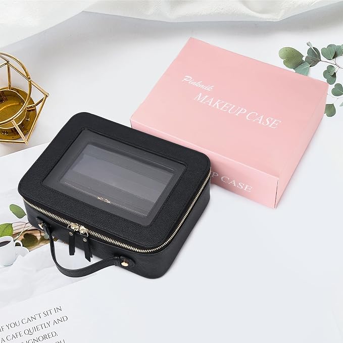 Pinkmik Clear Makeup Bag with Brush Bag 3pcs Waterproof Travel Case for Cosmetics and Toiletries Women's Makeup Organizer with Zipper (Black, L+M+SLIM) - Image 7
