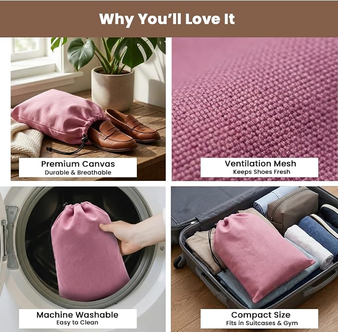 LFH Cotton Rich Shoe Storage Bags with Drawstring, Dustproof Breathable Reusable Organizer, Perfect For Travel, Dorm, Hotel, College, Gym, Easy to Carry, Machine Washable 12"x17" (Pack of 2) - Pink - Image 3