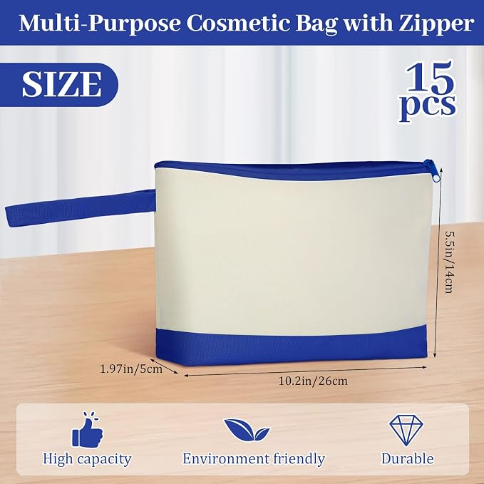 Silkfly 15 Pcs Cotton Canvas Makeup Bags Cosmetic Zipper Bags 10.2 x 5.5 x 2'' Blank DIY Pouch Bulk Pencil Case with Bottom Travel Toiletry Pouch for Women Craft Decor Gift (Beige and Blue) - Image 2