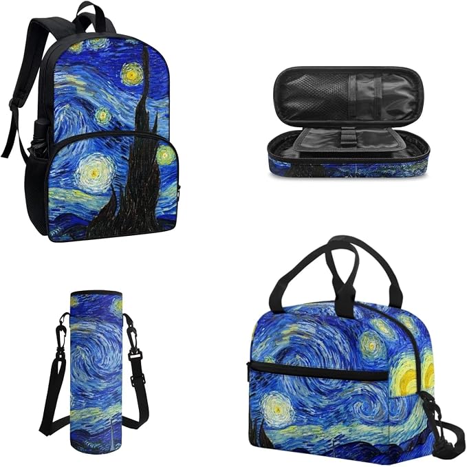 POLERO Starry Night Schoolbag Students Backpack Van Gogh Art Lunch Tote Bag Water Bottle Sling Bag Aesthetic Pencil Case Teacher - Image 2