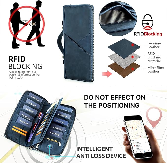CONTACTS Family Passport Holder for 10 Full Grain Leather Passport Holder Compatible with Airtag for Family Travel Document Organizer Multiple Passport Wallet with Rfid Blocking (Blue) - Image 3