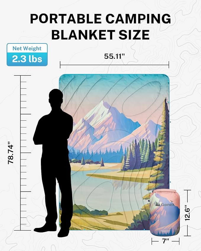 Gonex Camping Blanket with Aero-Warmth Breathable Layer - Puffy Printed Packable Blanket, Ultralight Wearable Water-Resistant Quilt, 79" X 55" for Camping, Beach, Hiking, Travel, Picnics (Landscape) - Image 5