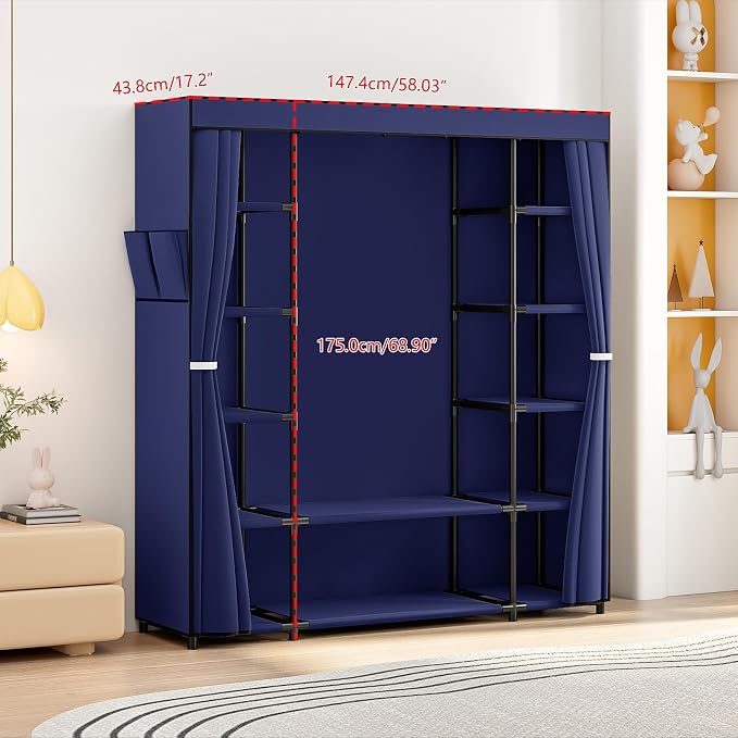 SORCEDAS Portable Closet Wardrobe Organizer Storage with Cover Non-Woben Fabric Portable Wardrobe Closet for Hanging Clothes Racks Shelving 33 Inch for Bedroom, Blue (Blue, 59Inch) - Image 3