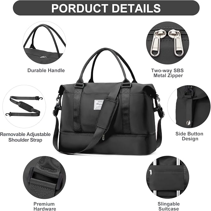 Weekender Bags for Women,Travel Duffle Overnight Bag with Shoe Compartment,Personal Item Carry On Bag,3 Pcs Set,Medium(Black) - Image 8