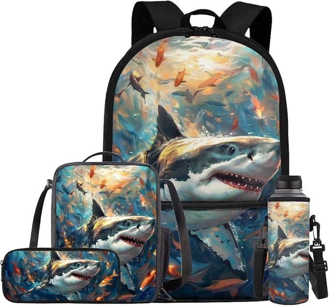 Shark Backpack for Boys Kids Backpack with Lunch Box Water Bottle Holder with Strap and Soft Pencil Case 4PCS Set Sturdy Bookbag with Front Pocket for School 17 inch Large Capacity School Bag by ELEDIZI