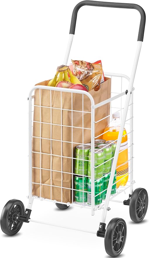 Whitmor Folding Utility Shopping Cart with Wheels, Heavy Duty Metal Grocery Cart, Portable Foam Handle, Rolling Collapsible Trolley for Groceries, Laundry, Storage, White - Image 2