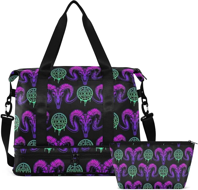 MNSRUU Mystical Ram Skull Sports Duffel Bag with Wet Pocket, Weekender Overnight Bag for Women Men, Gym Bag, Carry On Bag, Hospital Bag for Labor and Delivery by MNSRUU