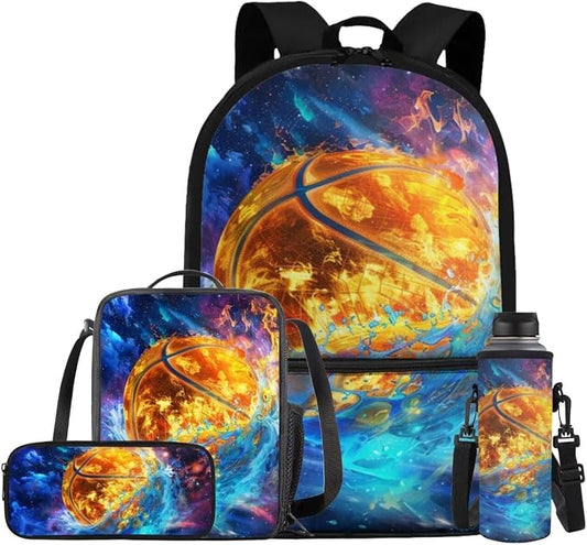 Galaxy Basketball Backpack for Boys Kids Backpack with Lunch Box Water Bottle Carrier with Strap and Pencil Case 4PCS Set Bookbag with Front Pocket for School Teens Sturdy School Bag for Girls by ELEDIZI