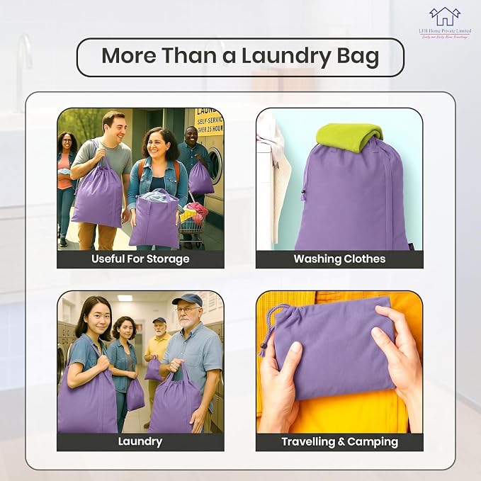 LFH Home Cotton Rich Large Premium Canvas Laundry Bag, Heavy Duty Washable Laundry Hamper with Drawstring & Handles, Multi-Use Clothes Storage for Home, Travel & College 28"x40" (Pack of 2) - Lavender - Image 4