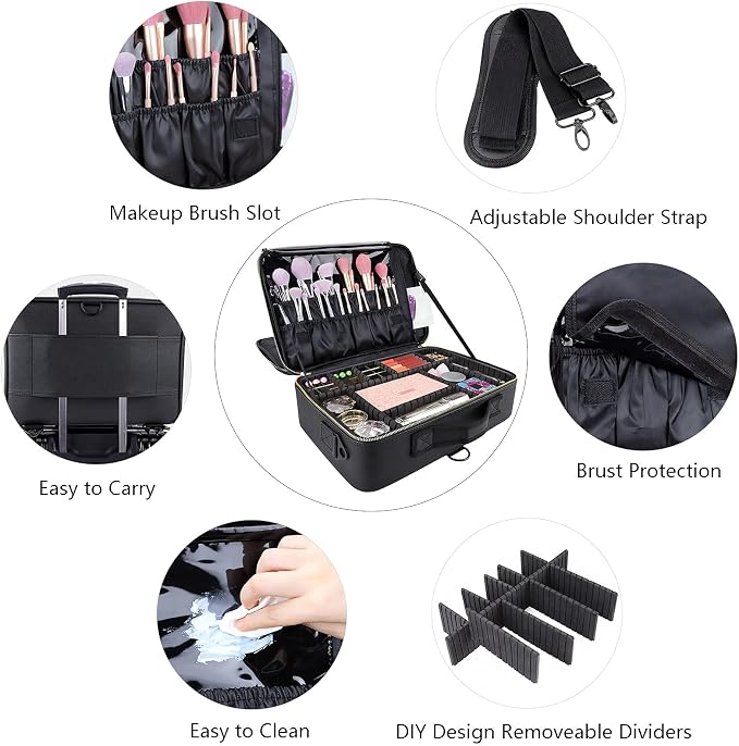 Travel Makeup Train Case,Large Capacity Cosmetic Bags for Women,Portable Makeup Bag Organizer with Adjustable Dividers & Shoulder Strap(Black, L) - Image 6