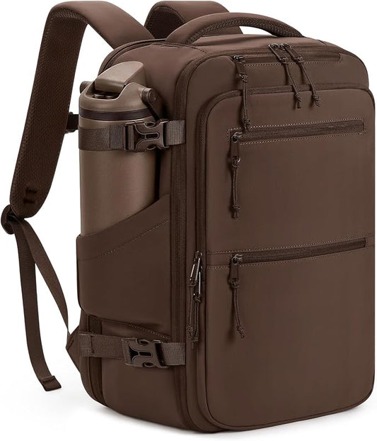 mibasies 30L Travel Backpack for Women & Men: Carry On Luggage Flight Approved, TSA Laptop Backpack with Water Bottle Pocket, Personal Item Bag Fits 15.6" Laptop for Weekender Business - Mocha Brown by mibasies