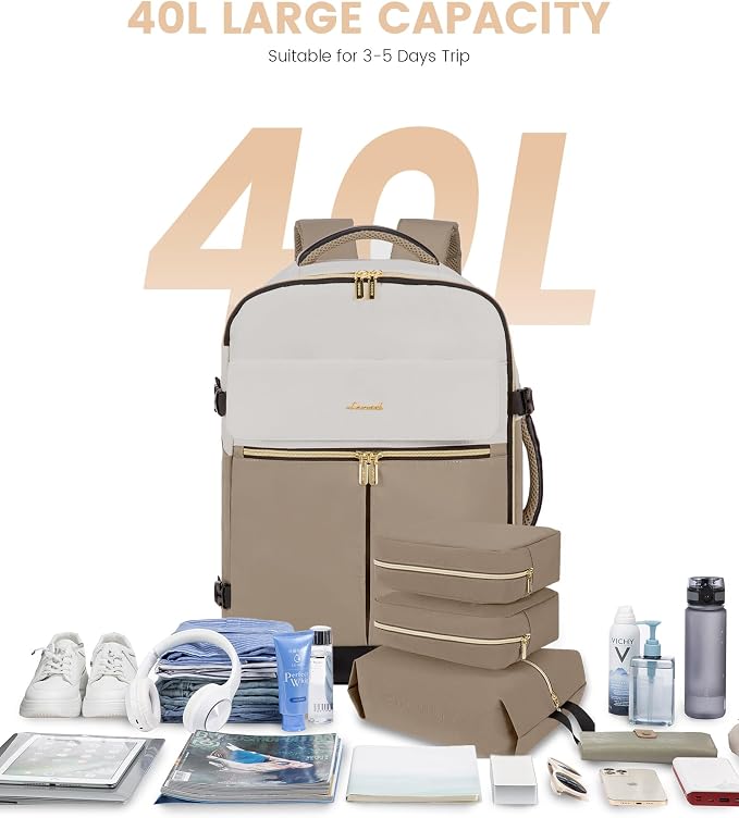 LOVEVOOK Travel Backpack for Women, TSA Carry On Backpack Flight Approved Luggage, 40L Water Resistant Personal Item Daypack Large Weekender Bag fit 17 inch Laptop with 3 Cubes, Beige-khaki-black - Image 4