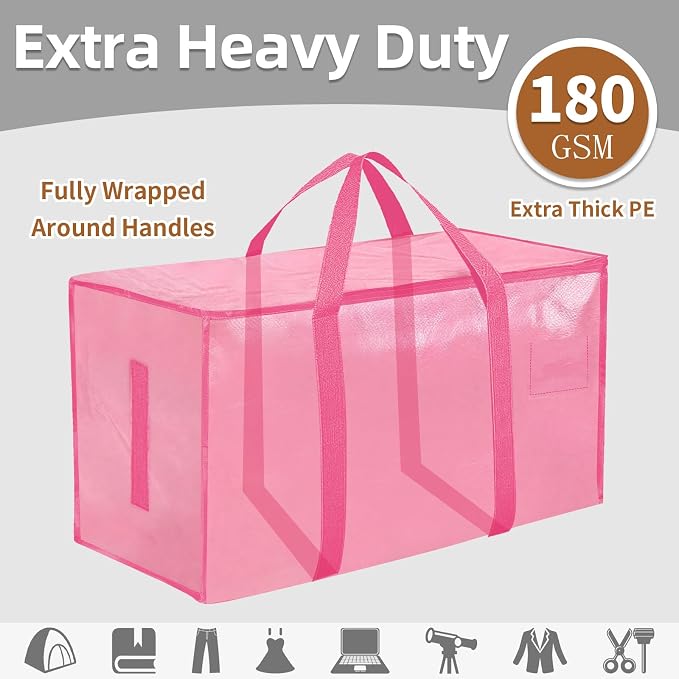 6 Pack-Extra Large Heavy Duty Moving Bags - Waterproof Storage Totes with Handles & Zippers, Foldable for College Dorm, Storage (Pink) - Image 2