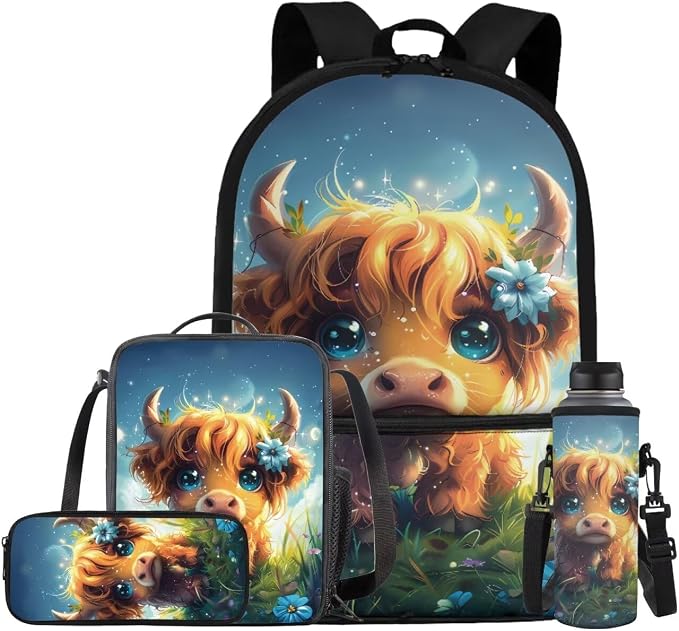 Highland Cow Backpack for Girls Kids Backpack with Lunch Box Water Bottle Carrier and Cute Pencil Case 4PCS Set Bookbag with Front Pocket 17 inch Large Capacity School Bag for Elementary Girls by ELEDIZI