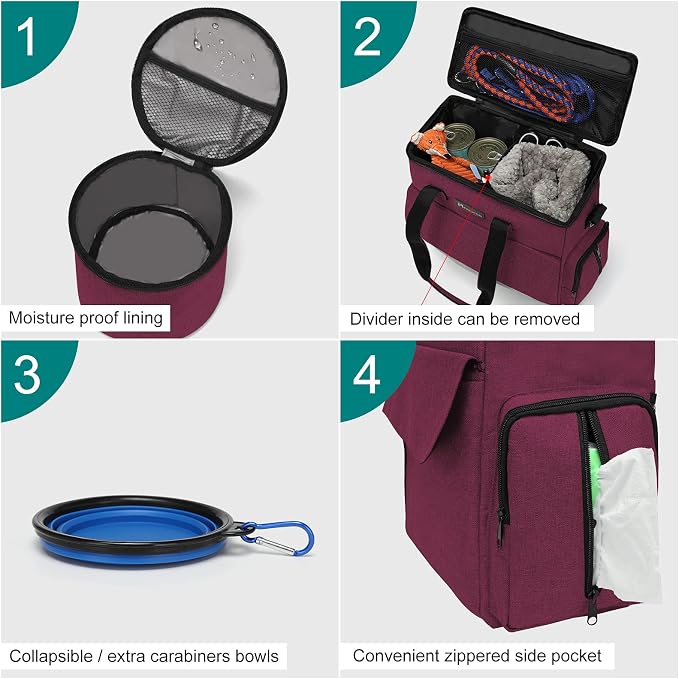 Modoker Dog Travel Bag with 2 Food Bags, 2 Bowls and 1 Mat(Rose Red) | Roomy Main Compartment | Multiple Functional Pockets | Water-Resistant Oxford Fabric | PVC Backing | Leak-Resistant Lining - Image 3