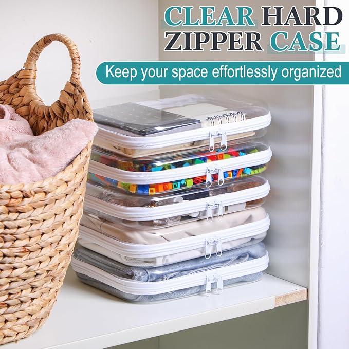 Sanwuta 6 Pcs Clear Hard Zipper Case Plastic Zipper Pouches Transparent Makeup Bag Pencil Case Pouches Toiletry Diaper Bag for Travel Toy Storage Organizer Bins(White,9.84 x 7.87 x 2 Inch) - Image 5