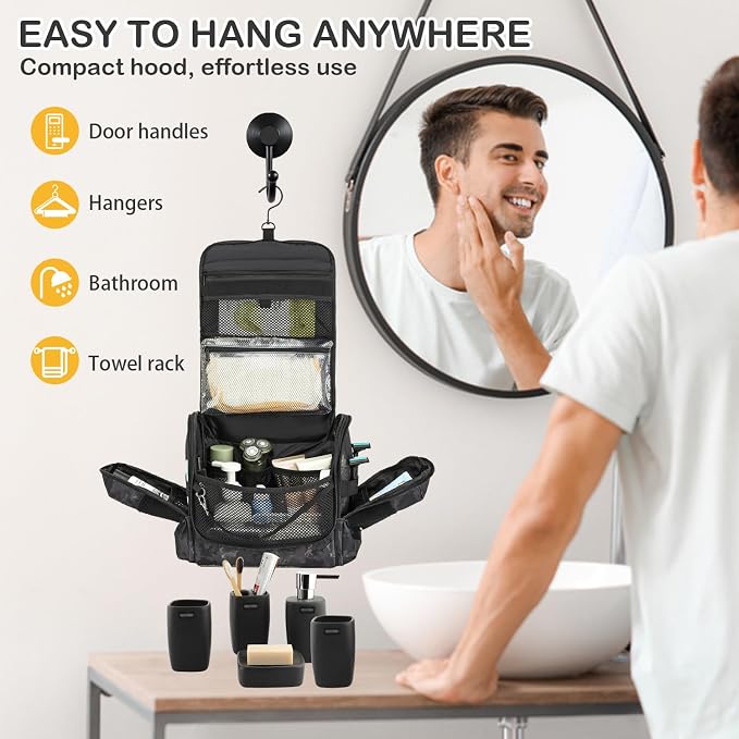 Toiletry Bag for Men - Hanging Dropp Kit Mens Toiletry Travel Bag for Toiletries, Traveling & Shaving Kit, Hygiene Bag Shower Bathroom Organizer with Handle & Swivel Hook, CM Black - Image 7