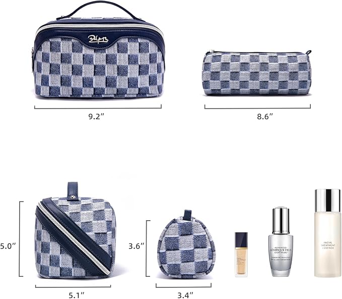 BOYATU Travel Makeup Bag for Women: Large Cosmetic Bag Set of 3 - PU Leather Make up Bag with Compartments - Compact Waterproof Toiletry Bag with Divider & Handle (D-5-Deep Blue) - Image 3