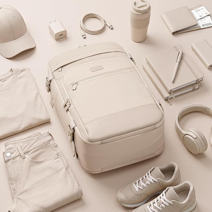 mibasies 30L Travel Backpack for Women & Men: Flight Approved Carry On Backpack, TSA Personal Item Bag with Water Bottle Pocket, Weekender Essentials Backpacks fits 15.6" Laptop - Beige - Image 9