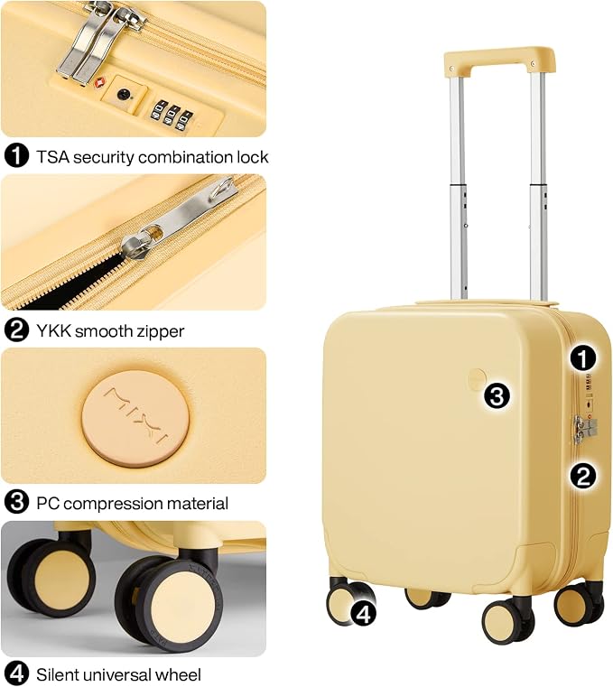 mixi 14 Inch Underseat Luggage Carry on Suitcase Free Boarding Personal Item Suitcases with Spinner Wheels Hardshell Lightweight PC for Short Travel, Lark Yellow - Image 5