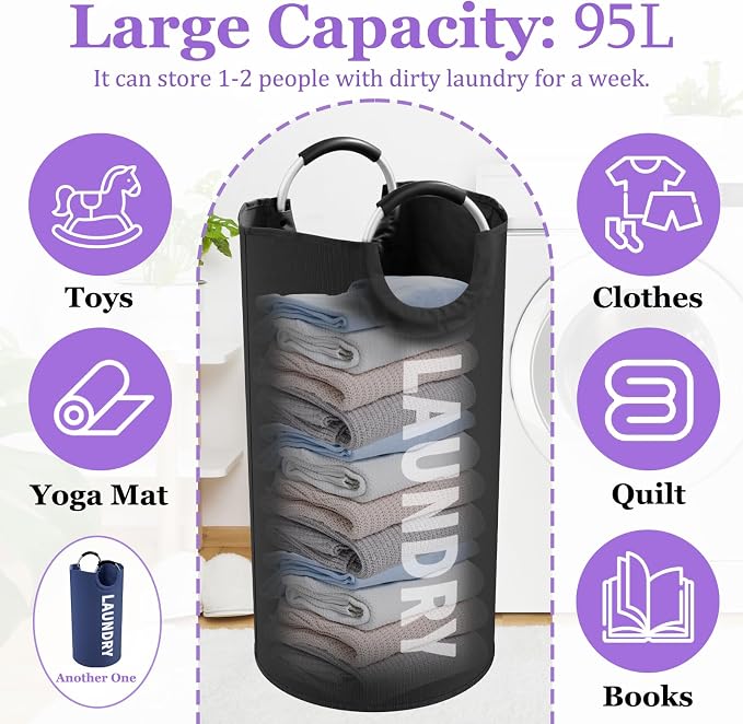2Pcs 95L Collapsible Laundry Basket for Men, Tall Laundry Basket with Handles, Dirty Clothes Hamper in 600D Oxford Fabric, Freestanding Clothes Hampers for Bedroom, Dorm, Navy Blue + Black - Image 2