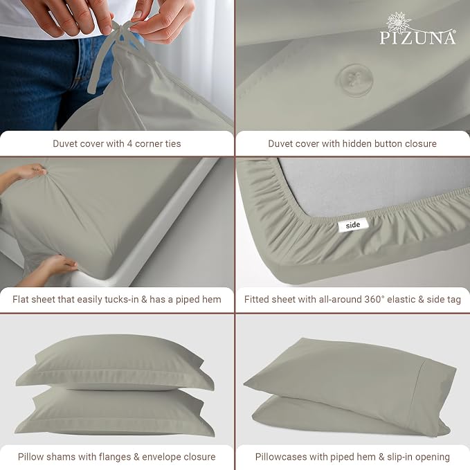 Pizuna Pure 100% Long-Staple Cotton Duvet Cover + Sheet Set Twin, Luxurious 400 Thread Count Long Staple Cotton, Soft Sateen Weave Bedding Set (Silver) - Image 4