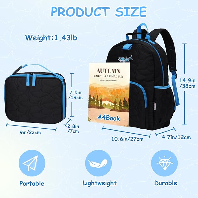 Chase Chic Toddler Backpack for Boys, Puffer Cute Lightweight Preschool Backpack with Lunch Box Set for Daycare Travel Kids Age 3-6,Black Shark - Image 2