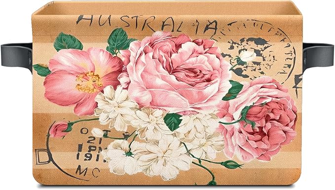 Vintage Rose Floral Foldable Baskets Storage Bins with Handles, Decorative Cloth Organizer Storage Boxes 2 sets by Unknown