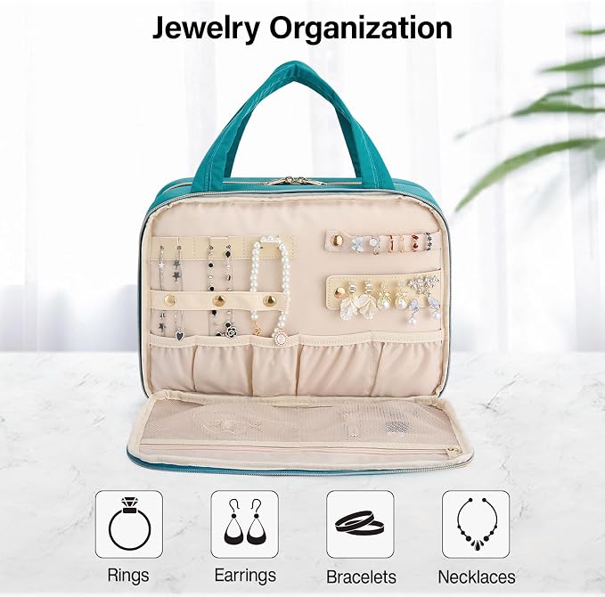 Hanke Hanging Travel Toiletry Bag with Jewelry Organizer, Turquoise Green | Large Capacity, Holds Full-Size Bottles, Water & Stain Resistant, 360° Swivel Hook, Trolley Sleeve, Women's Makeup Organizer - Image 3