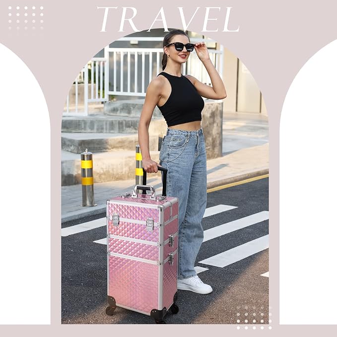 3 in 1 Professional Rolling Makeup Train Case Aluminum Trolley Case with 360° Rotation Wheels for Makuep Artist Cosmetic Suitcase Organizer with Lock and Key Diamond Pattern - Pink - Image 7