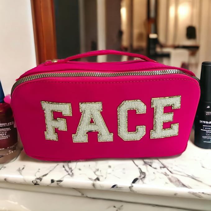 Chenille Letter Bags for Makeup- 2Pcs Set Face & Stuff Large Capacity Preppy Bags for Travel, Lay Flat Nylon & PU Leather Cosmetics Toiletry Makeup Bags (Hot Pink + Purple) - Image 7