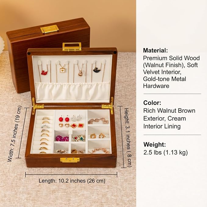 Solid Black Walnut Jewelry Box with Lock and Key Large Capacity Vintage Wooden Organizer for Women and Men Ring Necklace Earring Cufflink Storage Removable Dividers Gift for Christmas - Image 8