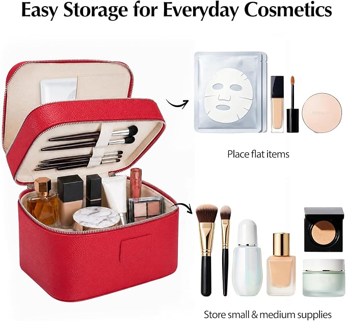 Makeup Case,Leather Double Layer Makeup Bag Duo,Large Portable Travel Toiletry Case Cosmetic Organizer for Women - Image 3