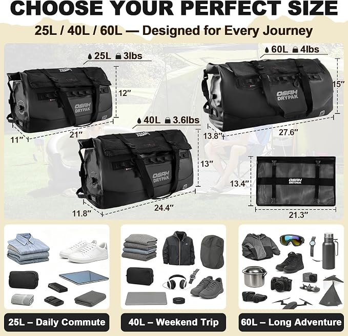 OSAH DRYPAK Waterproof Duffel Bag 25L/40L/60L – Heavy-Duty Motorcycle Tail Bag, Roll-Top Dry Bag for Travel, Camping, Boating, Kayaking, Outdoor Adventure - Image 2