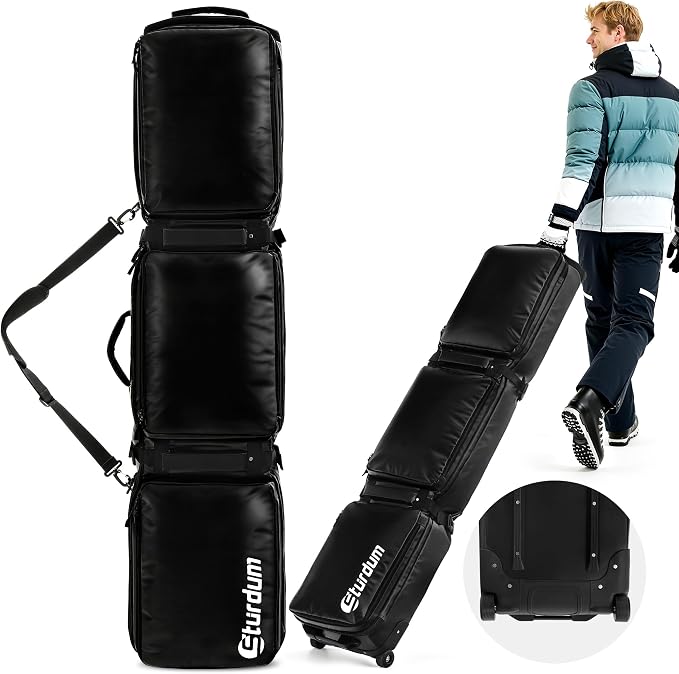 Ski Bag with Wheels, Rolling Snowboard Bag for Air Travel, Extendable 155-185CM Wheeled Ski Bag All-Round Padded Protection, for Snowboard, Double Skis, Boots, Helmet, Ski Gear by Sturdum