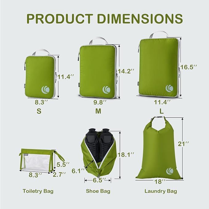 Cipway Compression Packing Cubes, Lightweight Travel Luggage Organizers with Shoe Bag, Toiletry Bag & Laundry Bag, Travel Essentials for Carry on Suitcase (8 Piece,Green) - Image 4