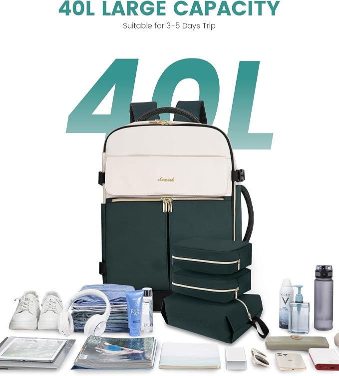 LOVEVOOK Travel Backpack, Carry On Backpack for Women, 40L Flight Approved Personal Item Backpack, Large Water Resistant Luggage Daypack with 3 Packing Cubes, fits 17inch Laptop, Beige-green-black - Image 5